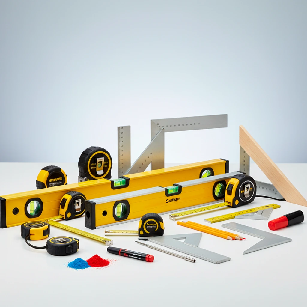 Niveles, cintas métricas, escuadras y marcado.