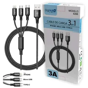 Cable 3 en 1 Micro USB, iPhone, Type-C